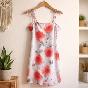 Tie-Shoulder Mini Slip Dress with Dark Pink Floral Print